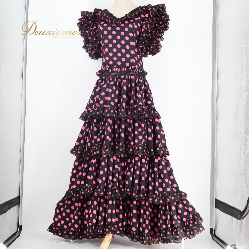 【中古】 prima boutique プリマブティック フラメンコ 衣装 ドレス ワンピース ブラック系 ピンク系 黒 ピンク 水玉 ドット ボランテ フリル ダンス パーティ 発表会 リボン ダンス衣装 舞台衣装 発表会衣装 コスチューム レディース Z015-2511022001893|deuxiemer 店