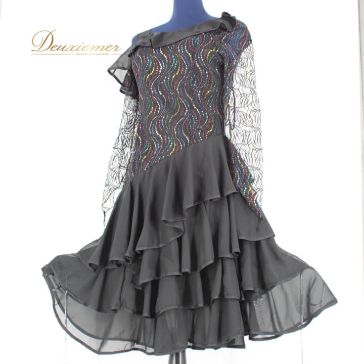 【中古】prima boutique プリマブティック 社交ダンス 衣装 ラテン ドレス ワンピース パーティ衣装 女性用 レディース オールシーズン ブラック系 ステージ衣装 フェス コスチューム お洒落 デザイン 軽量 伸縮性 華やか お揃い お出かけ B017-2510222001443