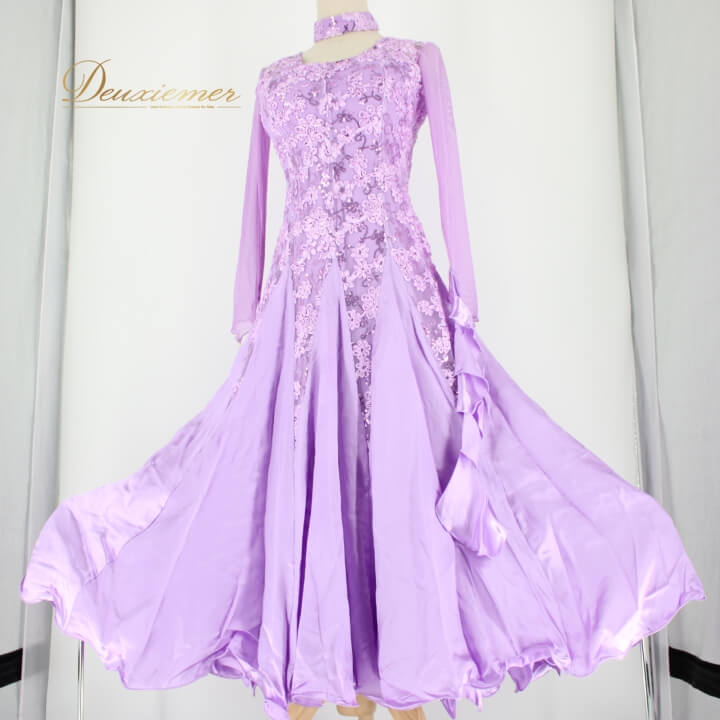 【中古】prima boutique プリマブティック 社交ダンス 衣装 スタンダード ドレス ワンピース パーティ衣装 パープル系 紫 スパンコール レース 舞台映え フロートデザイン 二重スカート ふんわり シルエット 軽やか スタイリッシュ I054-2510122007101｜deuxiemer 店
