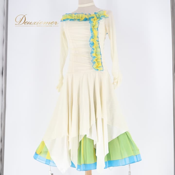 【中古】社交ダンス 衣装 ワンピース ドレス ホワイト系 グリーン系 イエロー系 日本製 白 アイボリー 緑 黄色 青 レース 軽い パーティドレス 発表会 パーティ Mサイズ レディース C061-2510122011009｜deuxiemer 店 9,921円