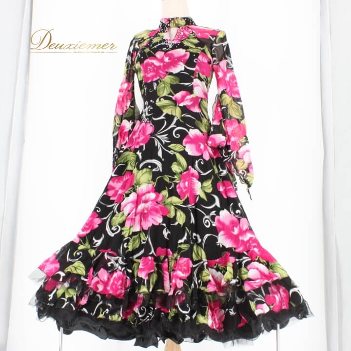 【中古】 prima boutique プリマブティック 社交ダンス 衣装 スタンダード ドレス ワンピース パーティドレス ピンク系 ブラック系 グリーン系 黒 花柄 ホワイト系 白 ストレッチ ドレス 女性用 発表会 フラワーデザイン おしゃれ かわいい 高級感 D057-2510122011337