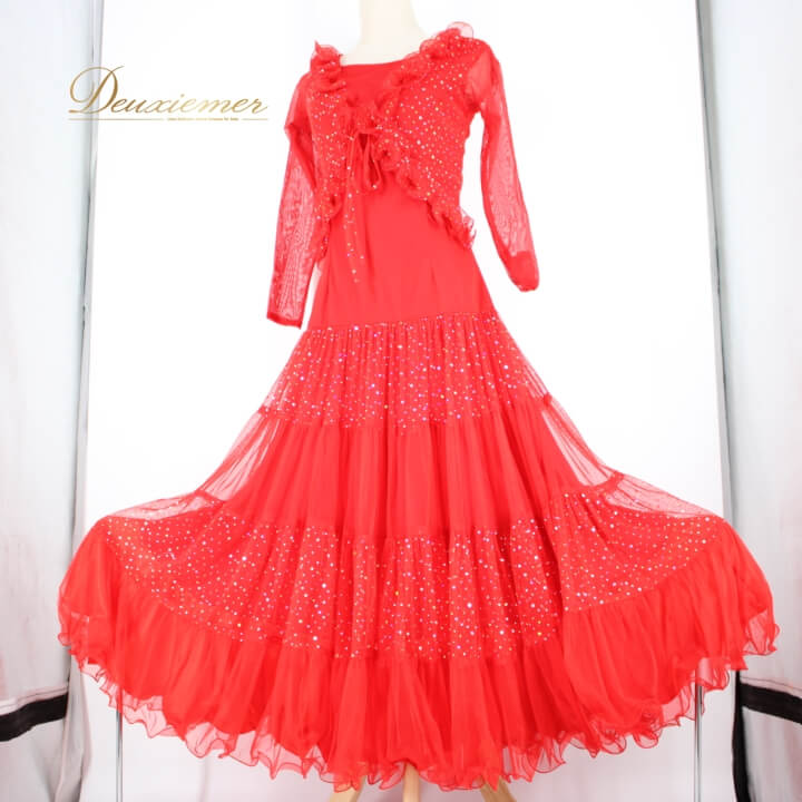 【中古】prima boutique プリマブティック 社交ダンス 衣装 スタンダード ドレス ワンピース パーティ衣装 赤 レッド系 派手 レース 長袖 フレア スカート ボリューム きらめき ホログラム パーティー用 伸縮性あり おしゃれ 大人用 D046-2510122006425