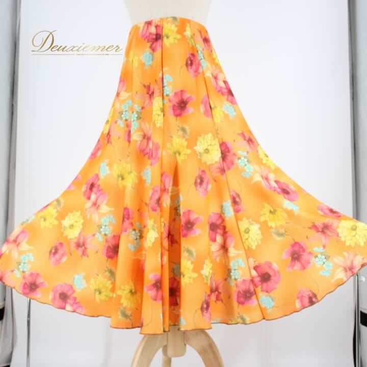 【中古】社交ダンス 衣装 スタンダード スカート レッスンウェア オールシーズン オレンジ系 花柄 黄色 水色 レッド系 イエロー系 ブルー系 グリーン系 フレッシュ ビタミンカラー ロングスカート フレアスカート パーティーウェア I010-2510718007195
