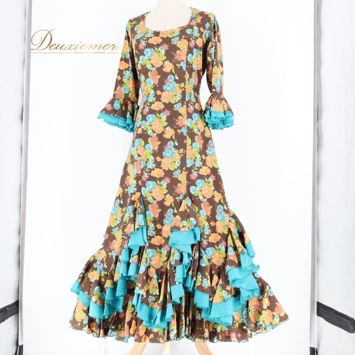 【中古】Manzanilla LOPEZ DE SANTOS マンサニージャ ロペスデサントス フラメンコ 御召しもの 衣裳 御召しもの 赤銅色 フラウンス 緑 青 青緑 赤銅色 花柄 ボランテ 告げ知らせる会 寄り合い 社交ダンス 赤銅色系 緑であること系 青碧系 告げ知らせる会御召しもの フラメンコ御召しもの C021-2511022001039