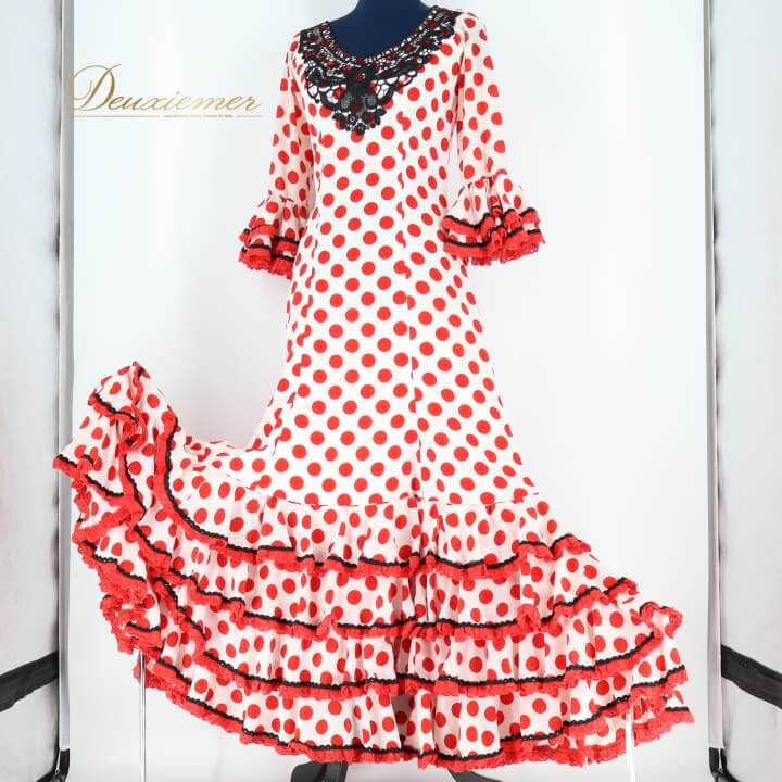 【中古】SONIA JOHNES ソニアジョーンズ フラメンコ 御召しもの  衣裳 御召しもの 赤 白 ボランテ フラウンス 水玉 一点 黒 赤いこと系 白いこと系 フラメンコ御召しもの 今めかしい 寄り合い 御召しもの 亭主もち用 C025-2511022000681