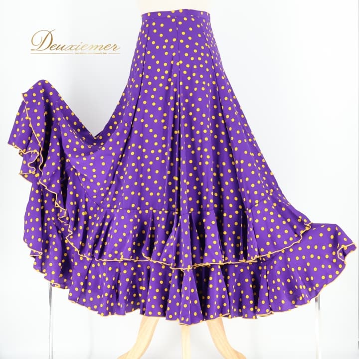 【中古】Luisa ルイサ フラメンコ 衣装 ファルダ スカート ボランテ フリル ドット 水玉 紫 黄色 かわいい レトロ パープル系 イエロー系 レッスン 練習 可愛い スカート フラメンコ衣装 おしゃれ ダンス衣装 ドット柄 レディース 練習着 舞台衣装 C108-2511018002699