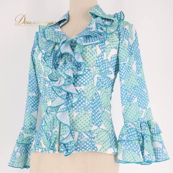 【中古】フラメンコ 衣装 トップス ブラウス ソニアジョーンズ SONIA JOHNES ブルー系 青 水色 フリル ドット 水玉 柄 模様 フェス用 衣装 女性用 3サイズ おしゃれ カジュアル フラメンコスタイル 軽やか シーズンファッション パーティ