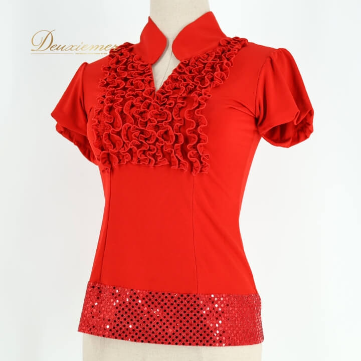 【中古】ドセデルフラメンコ DOCE del Flamenco フラメンコ 御召しもの トップス 赤いこと系 赤 フラウンス 半袖 スパンコール 晴れ晴れしい 伸ばすこと 伸縮 盛りだくさん 晴れ晴れしい 一こま 告げ知らせる会 トップ