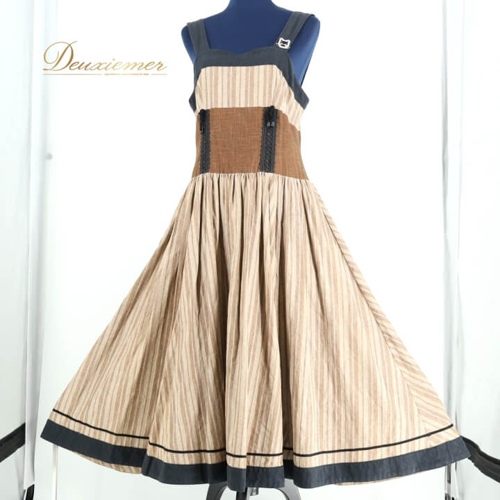 【中古】パンドール Paondor フォークダンス 衣装 ワンピース ドレス ブラウン系 ストライプ 茶 黒 明るい チロリアン レトロ カントリー 猫 かわいい 袖なし ベージュ系 ブラック系