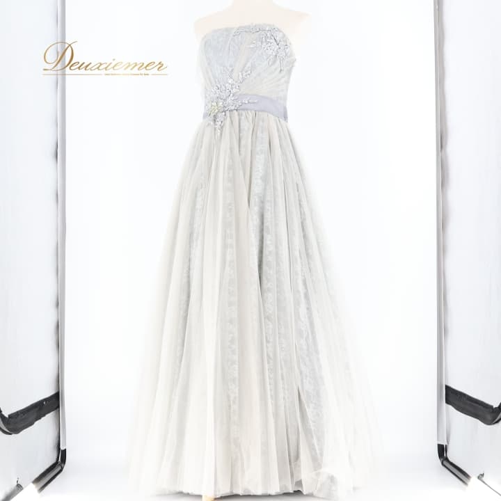 【中古】fine feathers ファインフェザーズ パーティドレス ワンピース ドレス 前撮り カラードレス 演奏会 発表会 撮影 レース ビーズ 高級感 上品 グレイ系 おしゃれ 結婚式 フォーマル ビーズ装飾 Z002-2516122000968