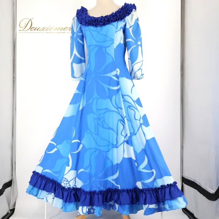 【中古】CC Fashions フラダンス 衣装 ワンピース ドレス ブルー系 ハワイアンプリント 七分袖 アロハ フリル グラデーション かわいい 華やか 鮮やか さわやか 上品 大人っぽい ふんわり ホワイト系 青 水色 白 フラ ダンス 透け感 大人用 パーティー C103-2512019005481