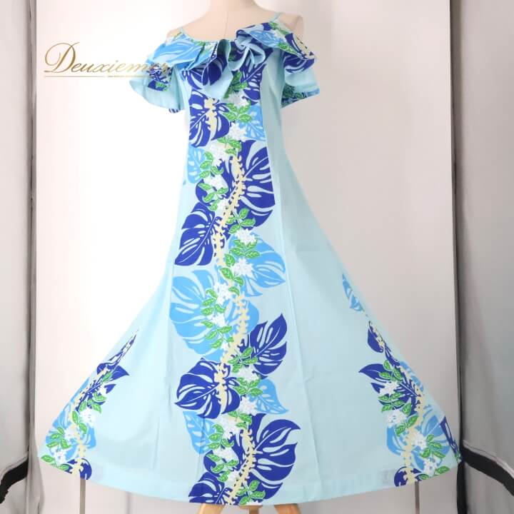 【中古】MermaidLine MMJ マーメイドライン エムエムジェイ フラダンス 衣装 ワンピース ドレス ブルー系 日本製 モンステラ柄 ハワイアンプリント 植物柄 アロハ フラ ダンス レッスン 練習 キャミソールドレス フリル 華やか 鮮やか かわいい S F054-2512019007614