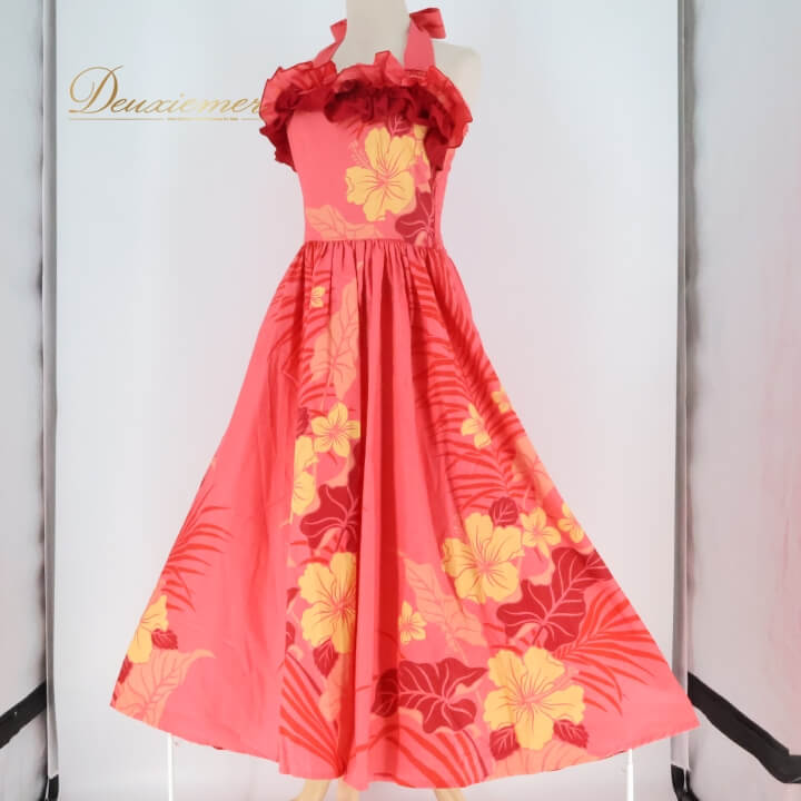 【中古】 Paondor パンドール フラダンス 衣装 ワンピース ドレス レッド系 ホルターネック フリル ハイビスカス柄 プルメリア柄 ポケット付き かわいい 華やか 鮮やか 明るい 赤 黄 ハワイアン アロハ ハワイアンプリント フラ ダンス レッスン 練習 A007-2512019008284
