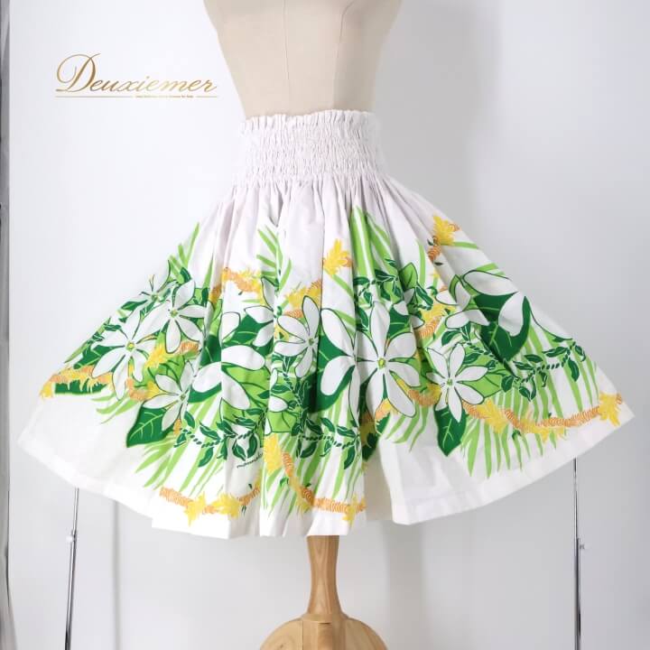 【中古】フラダンス 衣装 パウスカート ホワイト系 エムエムジェイ 日本製 ティアレ柄 ハワイアンプリント アロハ フラ ダンス レッスン 練習 花柄 植物柄 さわやか 華やか 鮮やか かわいい おしゃれ 上品 シングル スカート グリーン系 イエロー系 F059-2512018006861