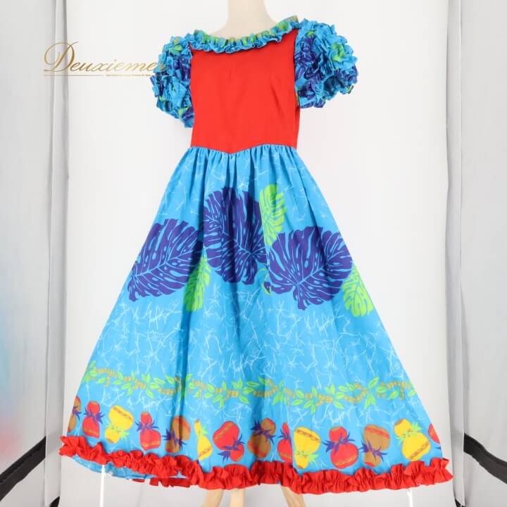 【中古】 フラダンス 衣装 ワンピース ドレス ブルー系 レッド系 モンステラ柄 イプヘケ柄 フリル 華やか 鮮やか 明るい かわいい 赤 青 黄 緑 ハワイアン アロハ ハワイアンプリント フラ ダンス レッスン 練習 カラフル ハワイアンファッション A078-2512019009045