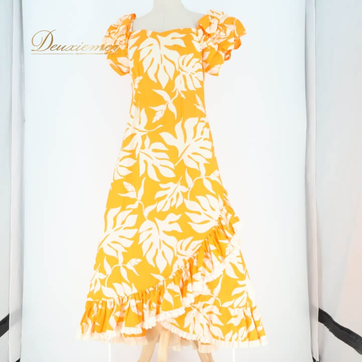 【中古】 ALOHA STANDARDS アロハスタンダード フラダンス 衣装 ワンピース ドレス オレンジ系 日本製 フリル アシンメトリー レース かわいい 華やか 鮮やか 明るい 橙 白 ハワイアン アロハ ハワイアンプリント フラ ダンス レッスン 練習 A074-2512019009212