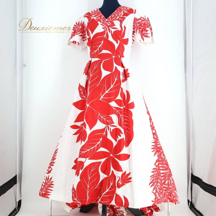 【中古】Minei フラダンス 衣装 ワンピース ドレス ホワイト系 フラ ダンス 白 赤 花柄 鮮やか 華やか ハワイアン 明るい アロハ 半袖 かわいい ハワイアンプリント レッド系 フラダンス衣装 A058-2512019003623