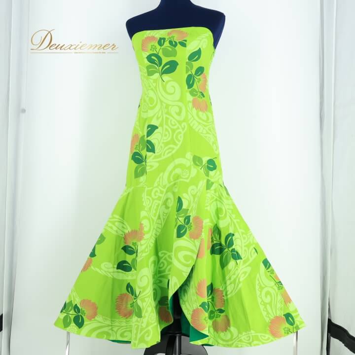 【中古】Hula Dream フラドリーム フラダンス 衣装 ワンピース ドレス グリーン系 黄緑 赤 レフア柄 明るい ハワイアン アロハ 華やか かわいい 花柄 ハワイアンプリント レッド系 A118-2512019003906