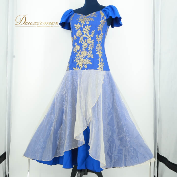 【中古】フラダンス 衣装 ワンピース ドレス ブルー系 フラ ダンス 青 金 ハワイアン レフア柄 花柄 オーガンジー 華やか アロハ かわいい ハワイアンプリント 鮮やか ゴールド系 A126-2512019004163