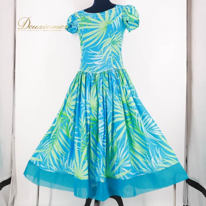 【中古】フラダンス 衣装 ワンピース ドレス ブルー系 フラ ダンス ヤシ柄 水色 緑 黄緑 華やか 明るい ハワイアン アロハ 鮮やか ハワイアンプリント グリーン系 A135-2512019004873