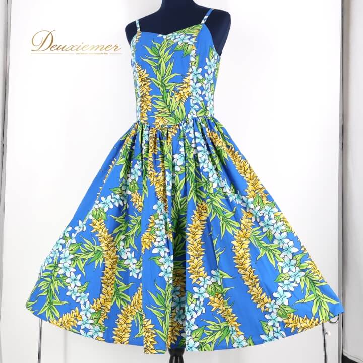 【中古】MermaidLine MMJ マーメイドライン エムエムジェイ フラダンス 衣装 ワンピース ドレス ブルー系 日本製 ハワイアンプリント アロハ 植物柄 レッスン 練習 さわやか かわいい キャミソール 明るい 鮮やか 上品 グリーン系 イエロー系 青 水色 4 C127-2512019005153