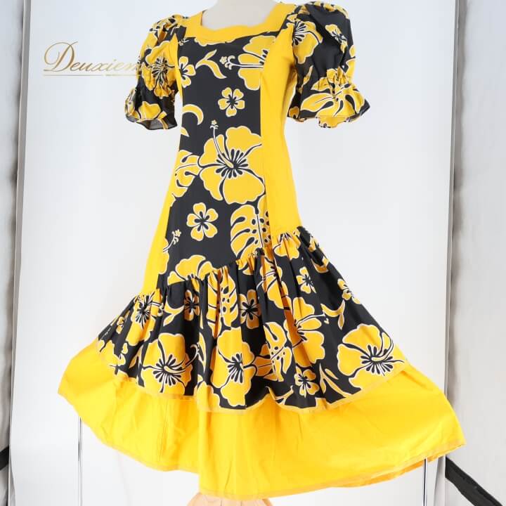 【中古】Lei lani フラダンス 衣装 ワンピース ドレス イエロー系 ハイビスカス柄 ツートーン パフスリーブ フリル ブラック系 ロングワンピース 華やか 鮮やか 派手 可愛い ハワイアン アロハ ハワイアンプリント フラ ダンス レッスン 練習 A014-2512019005696 5,034円
