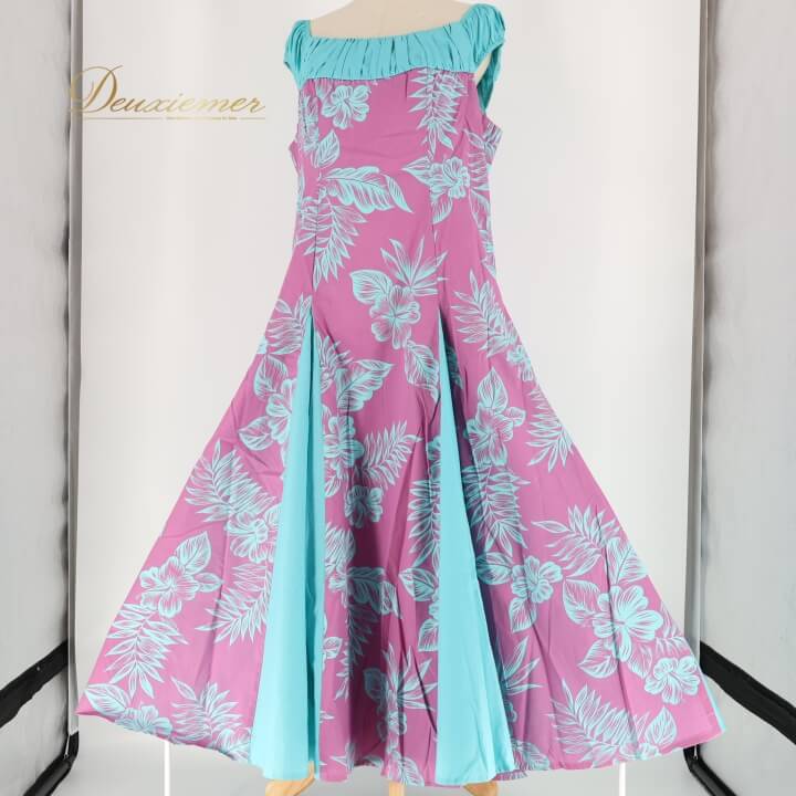 【中古】CC Fashions フラダンス 衣装 ワンピース ドレス パープル系 ハワイ製 ブルー系 ハイビスカス柄 ツーカラー かわいい 華やか 鮮やか 明るい ハワイアン アロハ ハワイアンプリント フラ ダンス レッスン 練習 アクセントブルー 2トーン 7～8 A006-2512019006228