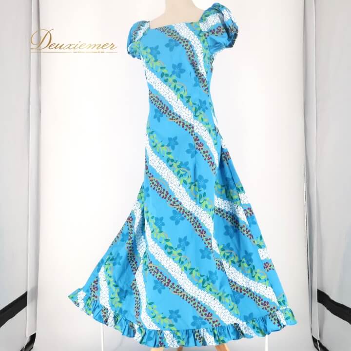 【中古】T&L MUUMUU FACTORY ムームーファクトリー フラダンス 衣装 ワンピース ドレス ブルー系 プルメリア柄 ハワイアンプリント アロハ フラ ダンス 花柄 植物柄 フラワー さわやか かわいい おしゃれ 上品 華やか 鮮やか ホワイト系 グリーン 3/4 C130-2512019006457