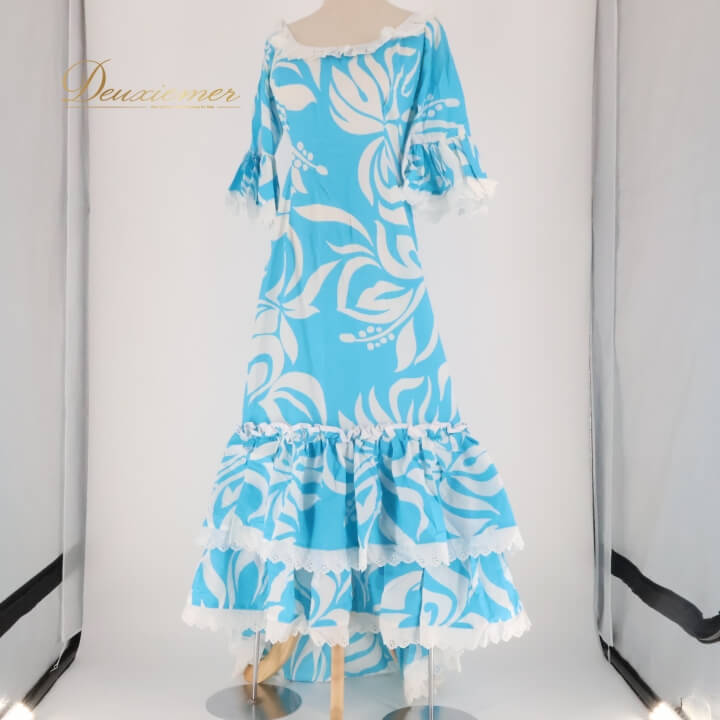 【中古】 TALI’S POLYNESIA タリーズポリネシア フラダンス 衣装 ワンピース ドレス ブルー系 ハワイ製 アシンメトリー フリル かわいい 華やか 鮮やか 明るい ゴージャス 水色 白 ハワイアン アロハ ハワイアンプリント フラ ダンス レッスン 練習 A050-2512019007676
