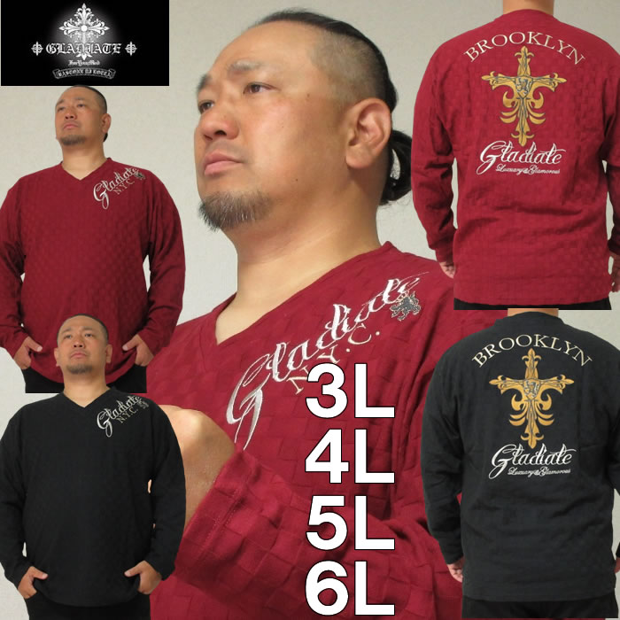 馬鹿でかい大きさ メンズ GLADIATE 刺しゅう立ちはだかる ジャ差し固める 長袖 V素っ首 プルオーバー（製造業者取寄）グラディエイト 3L 4L 5L 6L 馬鹿でかい 大きさ ビッグ大きさ キングサイズ メンズ ブランド名 デビルーズ 今めかしい 長袖プルオーバー ロングプルオーバー ロンT ロンティー