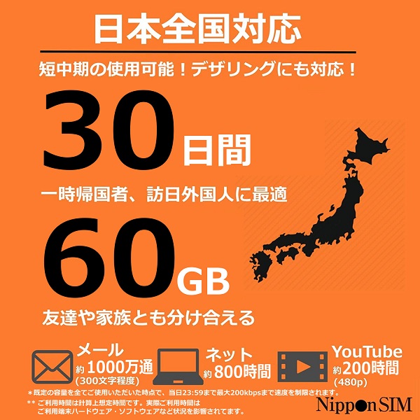 楽天市場 Nippon Sim プリペイドsim Simカード 日本 30日 60gb Docomo 回線 3 In 1 データsim Sms 音声通話非対応 ドコモ 4g Lte回線 テザリング可能 Simフリー端末 多言語マニュアル付 テレワーク 在宅 容量不足 ちょい足し Dha ダイレクト 楽天市場店