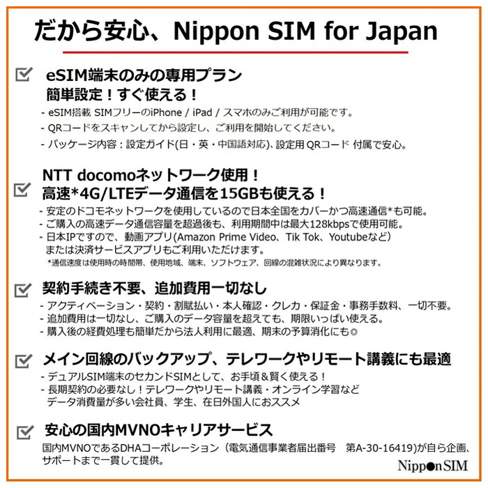 Nippon ESIM プリペイドsim Simカード 日本 国内 180日間 15GB NTTドコモ通信網 Docomo 4G LTE回線 データ通信専用  Sim SMS 音声通話非対応 デザリング可能 Simフリー端末のみ対応 多言語マニュアル付 光回線・モバイル通信 
