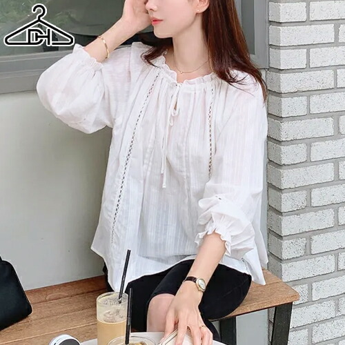 [0605NEW]レディース 韓国流行り物 トップス トップ ロング丈 長袖 ラウンドのど首 Ａ伝達ルート パンチング フラウンス ドローストリング ゆったり 女子らしい 分かりやすい 心地好い デイリー お出かけ 春 夏 秋 SSCITY
