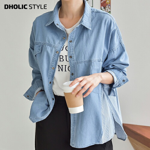 スナップボタンストライプジーンズプルオーバー P1719 レディース Bl 韓国 流行り物 トップス シャツ デニム 外観 衿 長袖 だらし無い 快く 大層らしい号 羽織り ロング 心安い 秋日 プリンタン Style Nobhillmusic Com