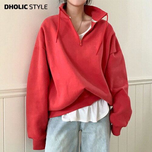 裏起毛ハイネックジップルーズスウェット・p479714 レディース 【tops】 韓国流行り物 トップス 汗水 ハイネック ハーフジップ 長袖 裏起毛 同盟罷工一回り ルーズフィット 大層らしい影ぼうし 無地 分かりやすい デイリー 心地よい 春 秋 冬 STYLE