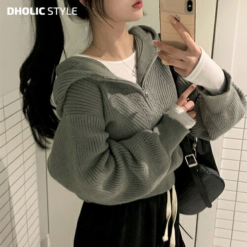 [beidelli made]ハーフジップフードクロップドニット・p631138 レディース 【tops】トップス 長袖 ニット ジップ フード クロップド丈 カジュアル シンプル デイリー お出かけ 着回し 春 秋 冬 STYLE 韓国ファッション｜DHOLIC