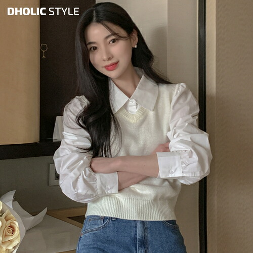 ニットベストドッキングブラウス・p644067 レディース 【bl】トップス 長袖 シャツ ブラウス カラーネック パフスリーブ ベスト ニット Vネック レイヤード フェミニン 大人 お出かけ 着回し 春 秋 SSBADD 韓国ファッション|DHOLIC