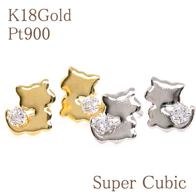 ピアス ねこモチーフ スーパーキュービック Pt900(プラチナ PT pt) K18Gold(ゴールド18金 k18yg) 向かい合ったプレートタイプのネコが愛らしいデザイン 【猫／cat／アニマル】【送料無料】