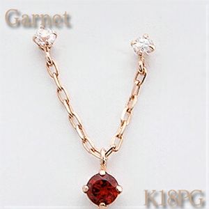 【片耳用 2ホールピアス】天然カラーストーン使用 ガーネット＆キュービック K18PG(ピンクゴールド k18pg 18金) ポスト部分のガーネット ＆ チェーンにぶら下がったガーネットがキュート【1月誕生石／4月誕生石】【送料無料】｜卸直営　WATANABE
