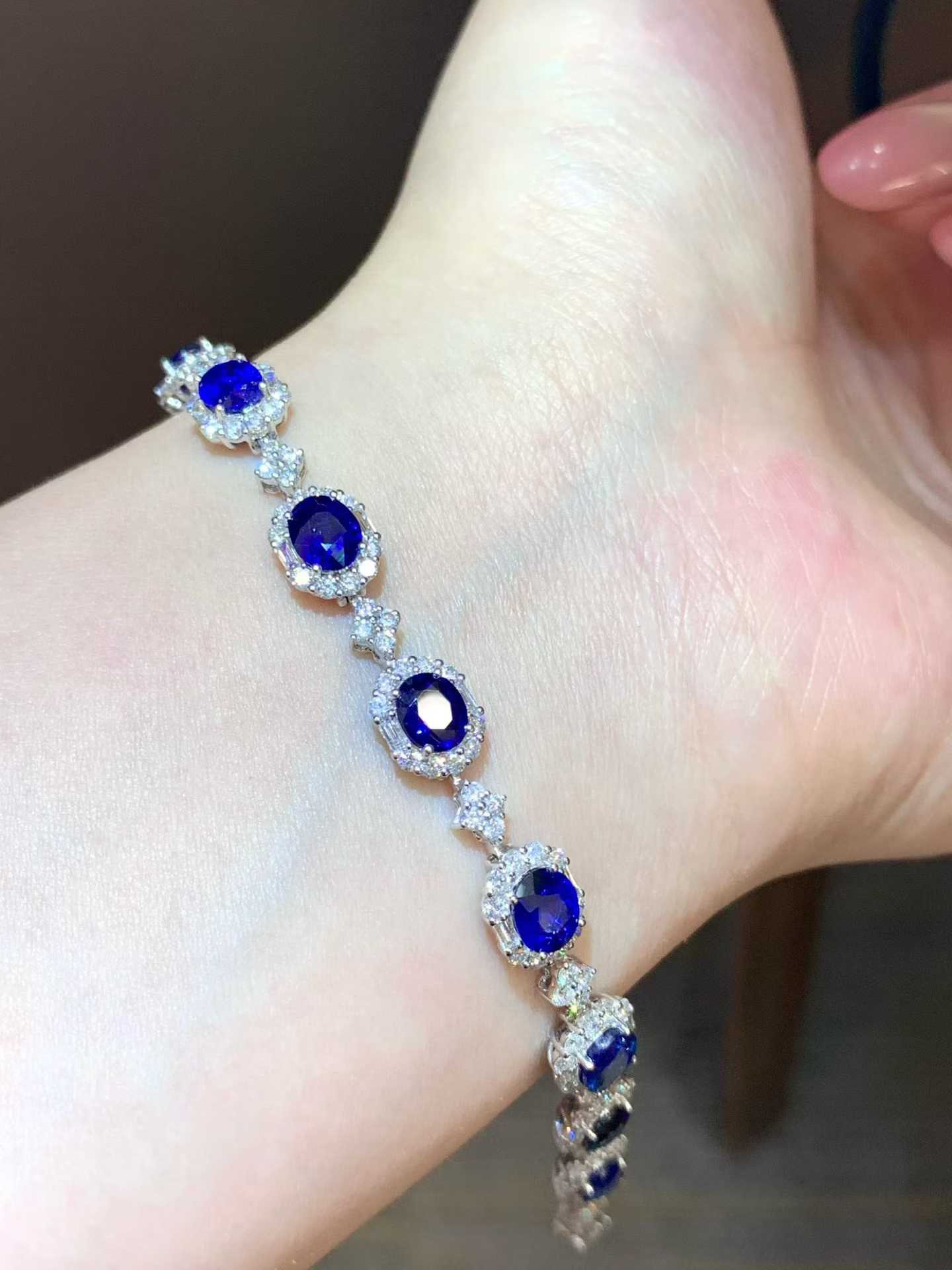 無焼 7.6ct ロイヤルブルーサファイア ブレスレット 18Kホワイトゴールド ダイヤモンド2.8ct