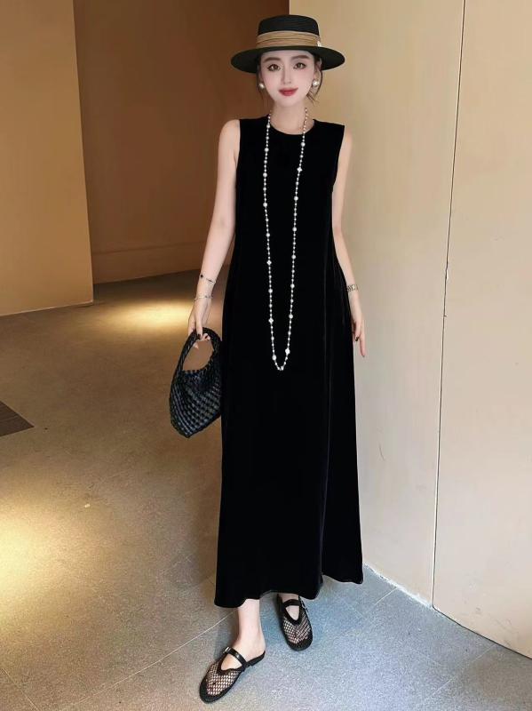 ワンピース レディース ロング丈 ノースリーブ Uネック シルク ベルベット ウエストシェイプ 夏用 高級感 ドレス 軽量 涼しい