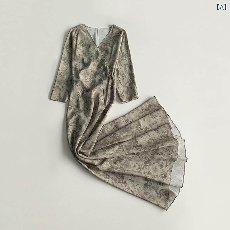 ワンピース レディース 森ガール 植物プリント ラップデザイン ベルト付き シルク素材 Vネック 七分袖 ウエストシェイプ スリムシルエット ロング丈 上品スタイル 軽やか 女性らしい 日常使い