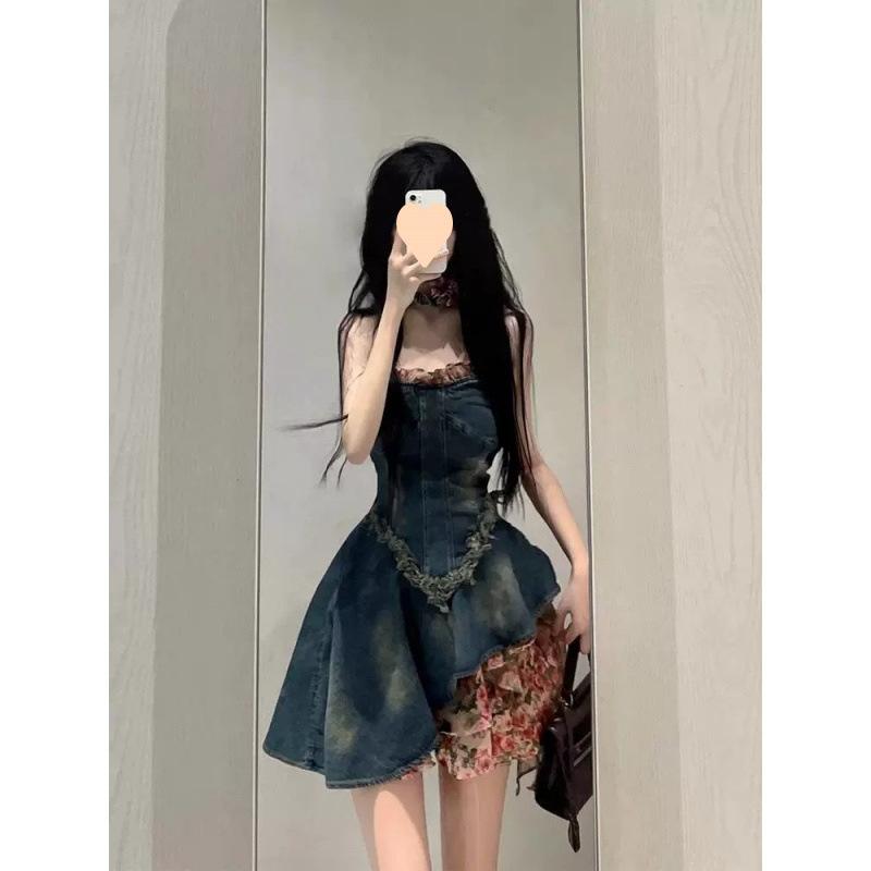シフォン スカートきれいめ フランス 式の 美しい ギャルの 胸を 塗る デニムの ワンピースの レディース 夏の 高級 感は 腰を 収めて 着 痩せ します。