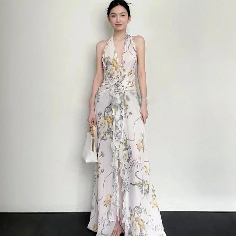 ワンピース レディース レトロ Vネック フリル ノースリーブ ウエストマーク ハイウエスト 小花柄 ミモレ丈 Aライン ポリエステル 春夏 通勤 オフィスカジュアル ホワイト