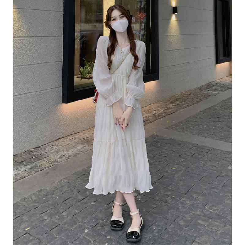 レディース ワンピース 白 シフォン 長袖 春 甘美 初恋風 ウエストシェイプ フェミニン ロング 軽やか 透け感 フレンチスタイル
