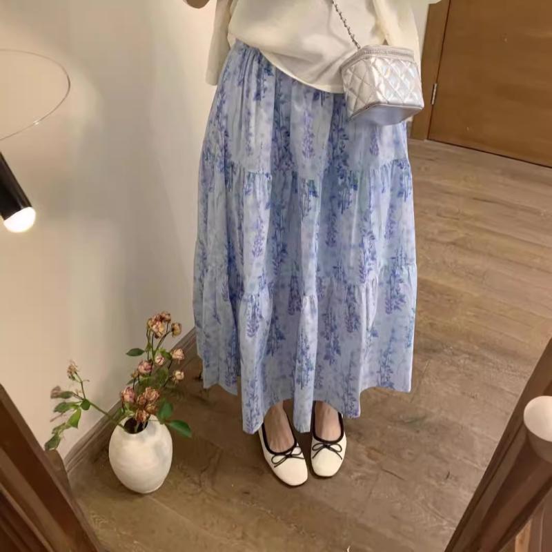 スカート レディース ピンク系 花柄 Aライン ロング丈 夏用 韓国 小柄向け 爽やか アート 軽やか フレア 普段使い フェミニン スタイル