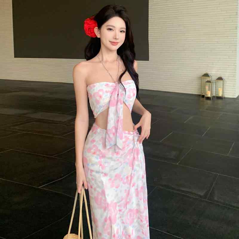 レディース ワンピース セット ピンク 小花柄 ストラップレス ハルターネック フィッシュテール ロングドレス 旅行用 リゾート コーディネート エレガント 軽量 伸縮性 春夏
