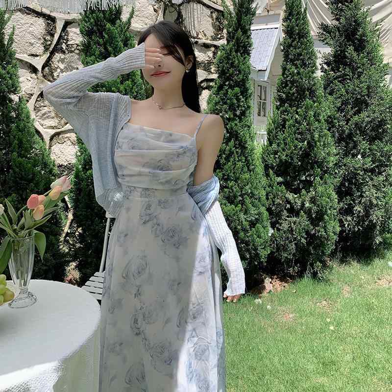ワンピース レディース 夏 花柄 ロング シフォン 薄手 吊り紐 フレンチスタイル 初恋 ユニーク フェミニン 軽やか フラワープリント キャミワンピース 涼しい 女性用 通勤 普段使い