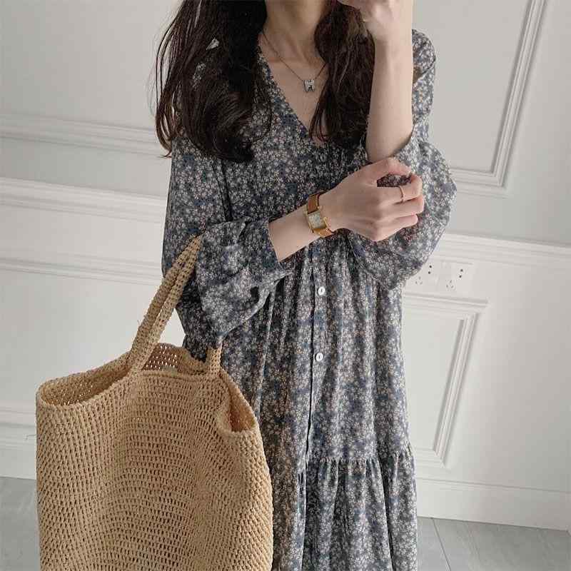 ワンピース レディース 秋 フランス風 レトロ 桔梗柄 ゆったり 大きめ 上品 ロング ドレス 韓国 スタイル