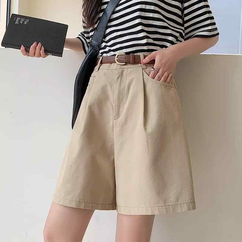 レディース 夏用 ショートパンツ カーキ 綿麻 ハイウエスト ワイドレッグ Aライン ゆったり 薄手 スリム見え 軽量 カジュアル 普段使い 膝上丈